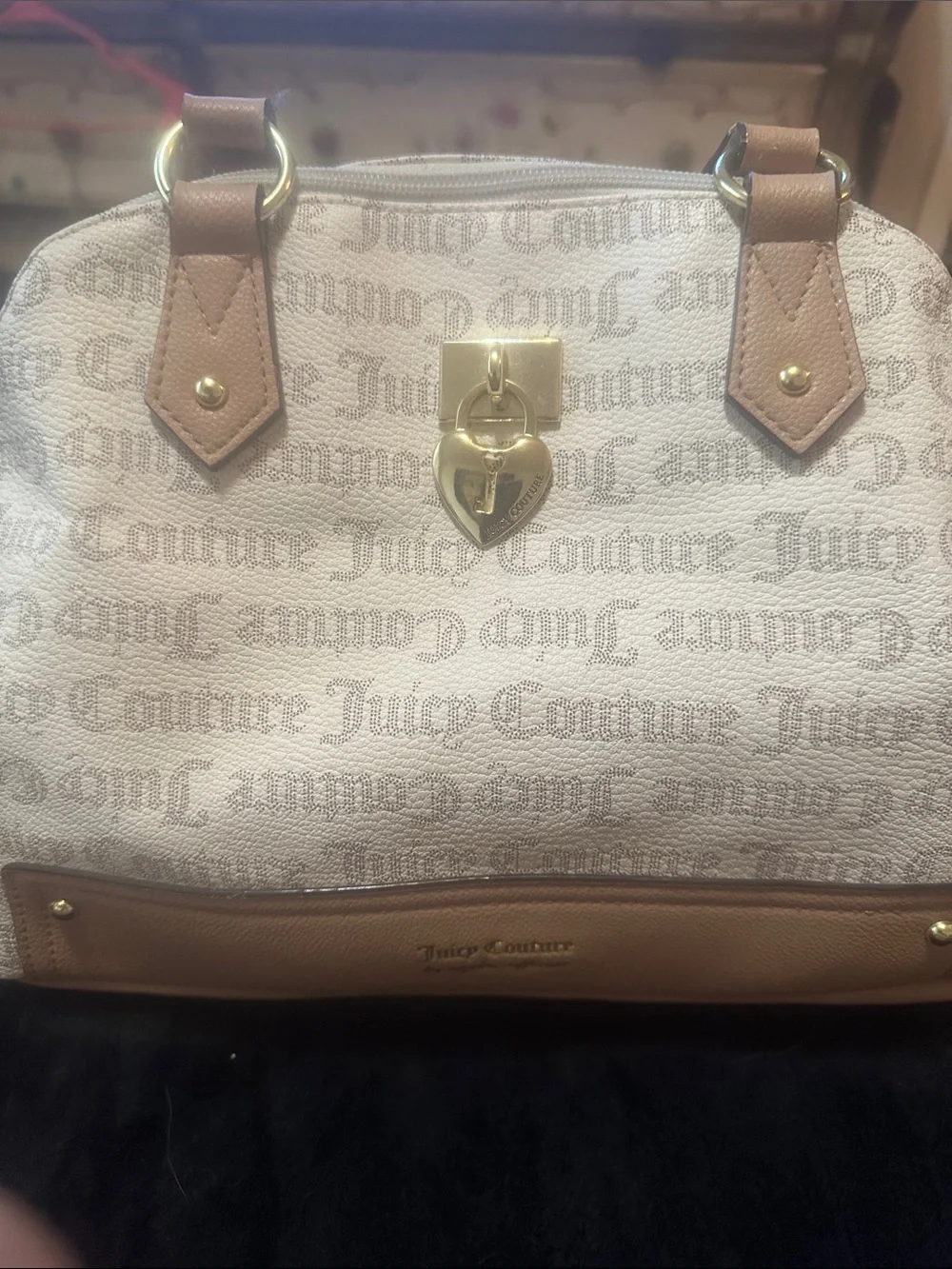 Juicy Couture Cream & Tan Monogram Satchel with Gold Hardware